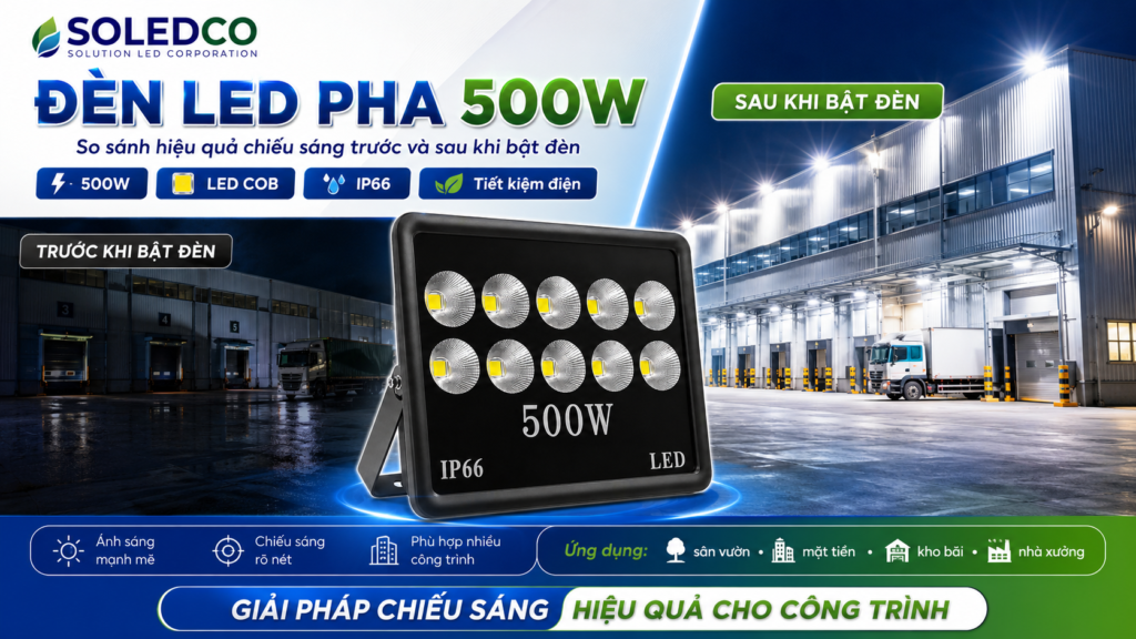 Đèn LED Pha Chén Vuông 500W SOLEDCO IP66 SL-DPL02-500 2 đèn led pha chén vuông 500w