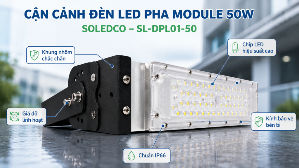 Đèn LED Pha Module SOLEDCO 50W IP66 SL-DPL01-50 Chính Hãng 3 Cận cảnh đèn LED pha module SOLEDCO 50W IP66 SL-DPL01-50