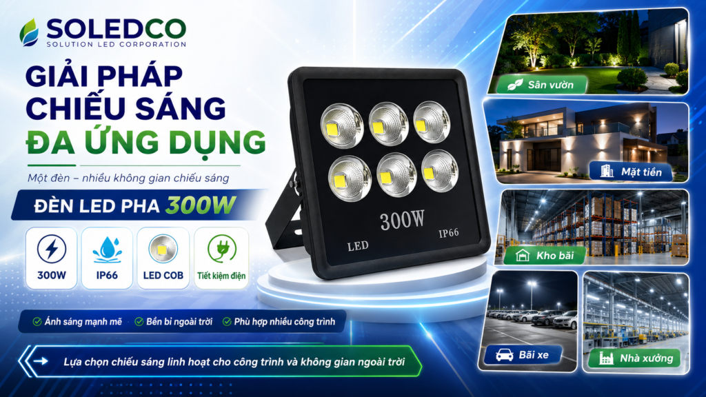 Đèn LED Pha Chén Vuông 300W SOLEDCO IP66 SL-DPL02-300 2 đèn led pha chén vuông 300w