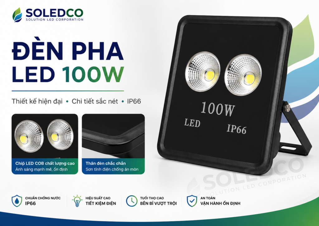 Đèn LED pha module 100W SOLEDCO IP66 SL-DPL02-100 2 đèn led pha chén vuông 100W