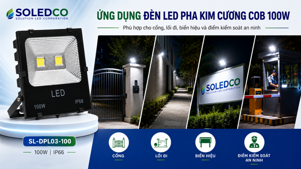 Đèn led pha kim cương COB 100W ứng dụng chiếu sáng cổng lối đi biển hiệu điểm kiểm soát an ninh