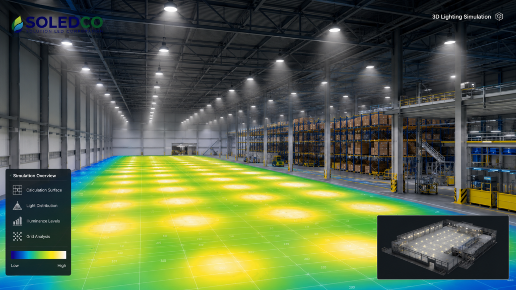 Mô phỏng ánh sáng 3D Dialux cho dự án nhà xưởng kho bãi bằng đèn LED SOLEDCO.