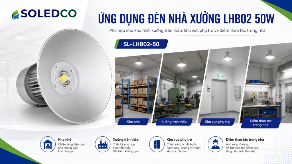 Đèn nhà xưởng LHB02 50W SL-LHB02-50 3 Ứng dụng đèn nhà xưởng LHB02 50W cho kho nhỏ xưởng trần thấp khu vực phụ trợ điểm thao tác trong nhà