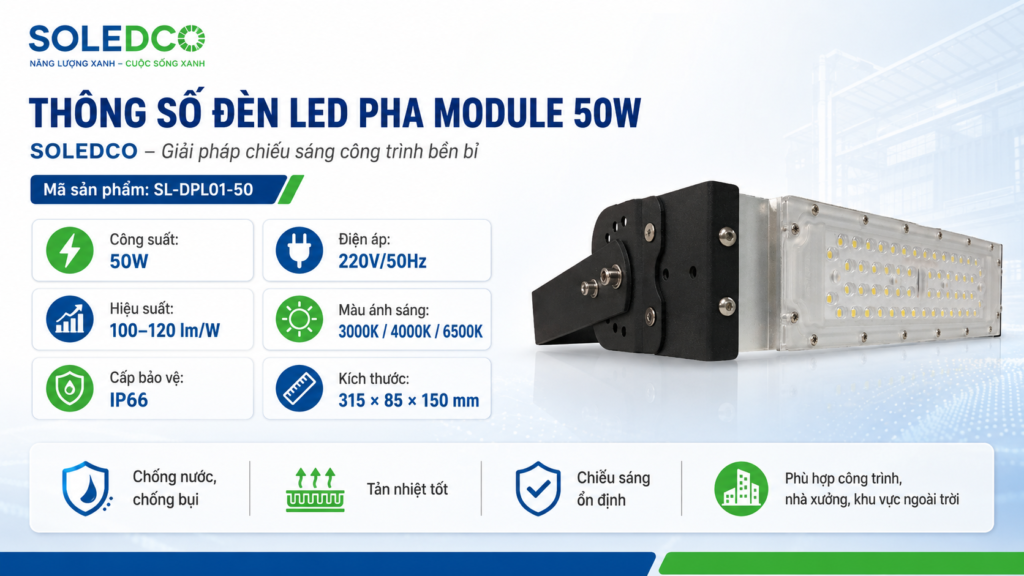 Đèn LED Pha Module SOLEDCO 50W IP66 SL-DPL01-50 Chính Hãng 4 Thông số kỹ thuật đèn LED pha module SOLEDCO 50W IP66 SL-DPL01-50