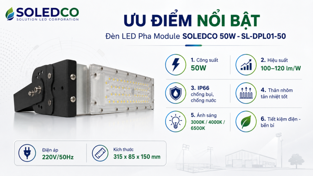 Đèn LED Pha Module SOLEDCO 50W IP66 SL-DPL01-50 Chính Hãng 5 Ưu điểm nổi bật đèn LED pha module SOLEDCO 50W IP66 SL-DPL01-50