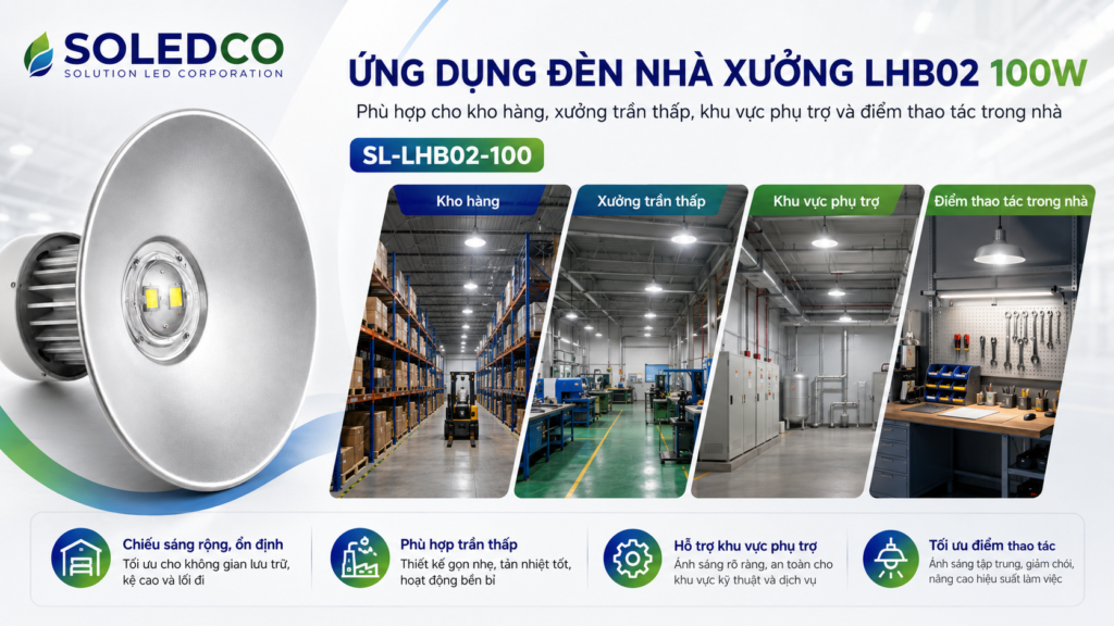 Đèn nhà xưởng LHB02 100W SL-LHB02-100 4 Ứng dụng đèn nhà xưởng LHB02 100W cho kho hàng xưởng trần thấp khu phụ trợ điểm thao tác trong nhà