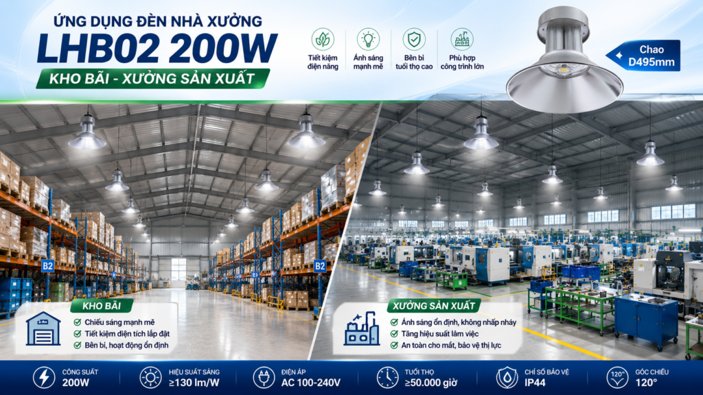 Đèn nhà xưởng LHB02 200W SL-LHB02-200 3 Ứng dụng đèn nhà xưởng LHB02 200W SL-LHB02-200 trong kho bãi và xưởng sản xuất